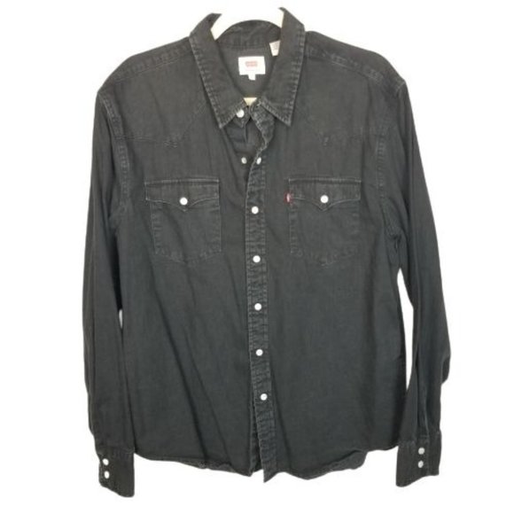 Levi's Women's Large Black Denim Shirt Western Pearl Snap Front Long-Sleeve
